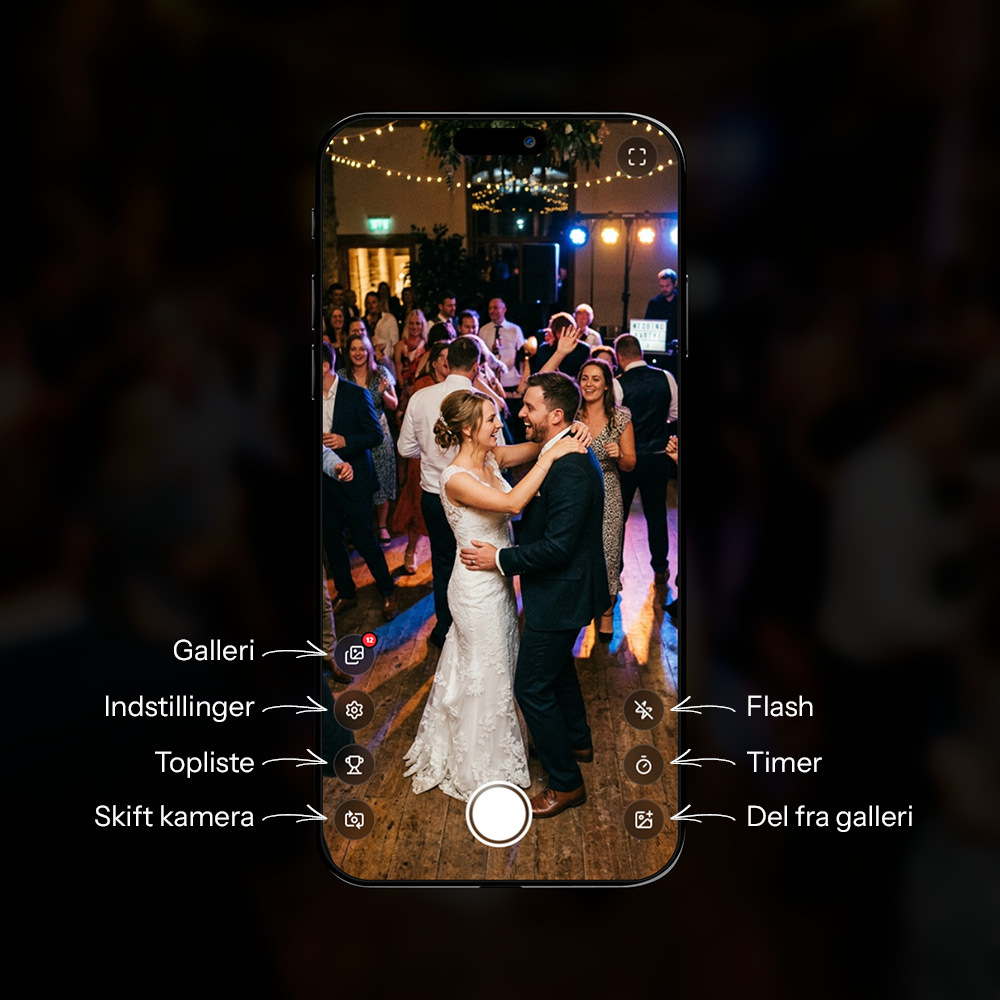 eazy.photo kamera-søgeren på en telefon, der viser et live kamera-feed fra et event med lukkerknappen klar til at tage et billede