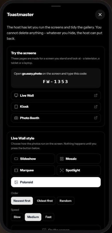 The organizer drawer on a phone, with the code for the big screen and the Live Wall's style